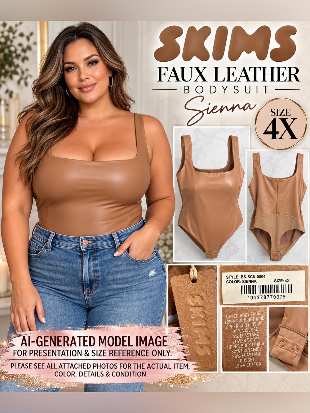 SKIMS Faux Leather Square Neck Bodysuit Sienna 4X NWT